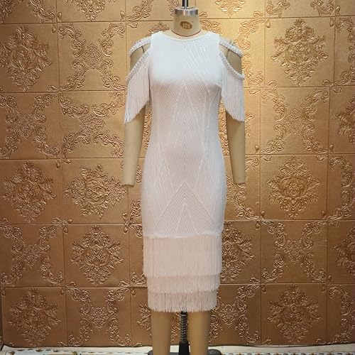 Image of Cololura Sexy Elegant Women Sequin Long Sleeve Tassel Bodycon Midi Dress Party Evening Gown Formal Dress