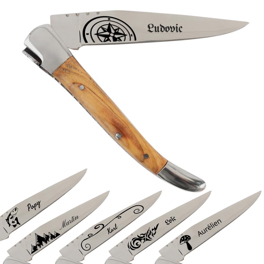 Ocadeau Couteau de poche avec manche en Olivier personnalisé gravé – Couteau pliant avec gravure texte sur la lame – Couteau personnalisé & Idée cadeau homme personnalisé