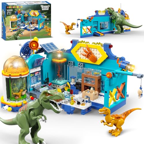 HOGOKIDS - 2 en 1 Juego de construcción de Instituto de Investigación de Dinosaurios con luz - 837 Piezas de Juguetes de construcción Dino World, Regalos de cumpleaños y Navidad para niños y niñas