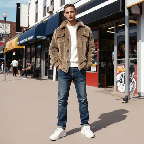Image of GINGTTO Mens Furry Button-Up Jacket 4 Pockets Fluffy Coat For Men