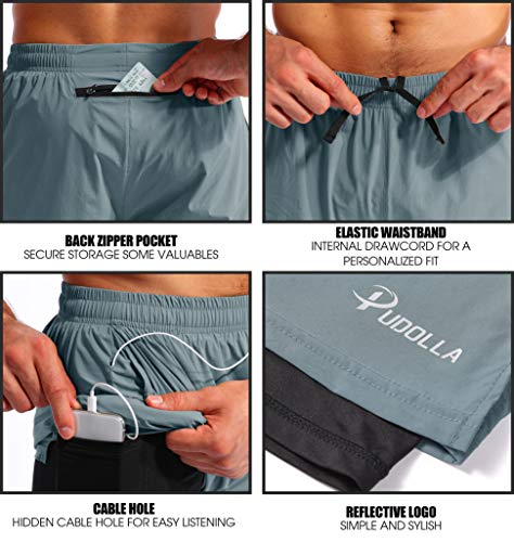 Image of Pudolla Men's 2 in 1 Running Shorts 5 inch Quick Dry Gym Athletic Workout Shorts for Men with Phone Pockets