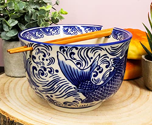 Ebros Ming Style Feng Shui Koi Fish Blue And White Ramen Udon Noodles Large 6.25"D Soup Bowl With Built In Chopsticks Rest And Bamboo Chopsticks Set For Asian Dining Rice Meal Bowls Decor Kitchen #TOP5