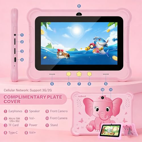 Image of Kids Tablet, 7 inch Android Tablets for Kids 12+, 6GB+32GB (512GB expand) Learning Tablet with SIM Card Slot & Case, WIFI, Parental Control, Eye Protection, Dual Camera, 3G /2G Cellular Network, Pink