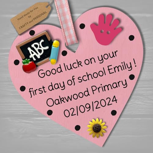 Personalised First Day of School gift plaque Good Luck present for Primary 1 wooden heart hanging keepsake (Pink #1, 8cm Hanging heart)