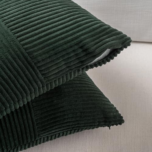 Image of Fancy Homi Set of 2 Dark Green Boho Long Lumbar Body Decorative Throw Pillow Cover 14x36 Inch for Bed Couch Bedroom Bench, Soft Patchwork Corduroy Textured Pillow Case, Rustic Farmhouse Room Decor