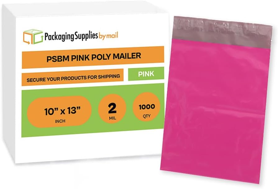 PSBM Pink Poly Mailers, 10x13 Inch, 1000 Pack, Glamour Shipping Mailers, Peel and Seal Strip Adhesive Envelopes