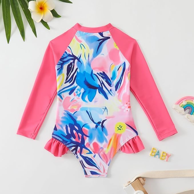 Image of Kids Girls Swimsuit Long Sleeve One Piece Swimwear Zipper Bathing Suit UV Protection Rash Guard Swimming
