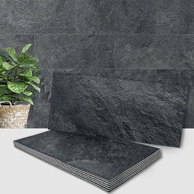 AULIGET 2-Piece Black Slate Peel and Stick Backsplash Wall Tiles, 6" x 12" PVC Faux Stone Stick on Tiles for Backsplash Kitchen, Bathroom, Laundry Room, Camper, Fireplace