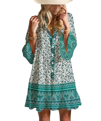 Image of Opemiby Summer Dresses for Women 2026 Flowy Ruffle 3 /4 Sleeve V Neck Tiered Casual Babydoll Boho Beach Mini Dress