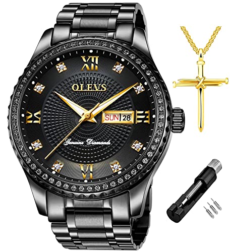 OLEVS Men Skeleton Watches Stainless Steel Analog Quartz Moon Phase Male Watch, Diamond Multi Calendar Chronograph Watch,Waterproof Wrist Watch for Men