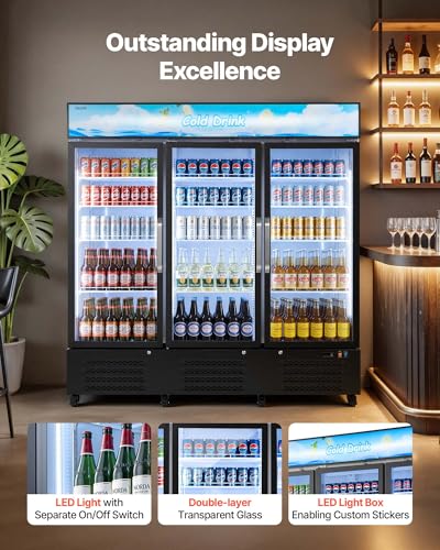 Image of VEVOR Commercial Merchandiser Refrigerator, 54.3 Cu.Ft / 1538L Upright Beverage Cooler, 3 Glass Door Display Refrigerator with Customizable Lightbox, 12 Adjustable Shelves, Soft LED Lighting & Casters