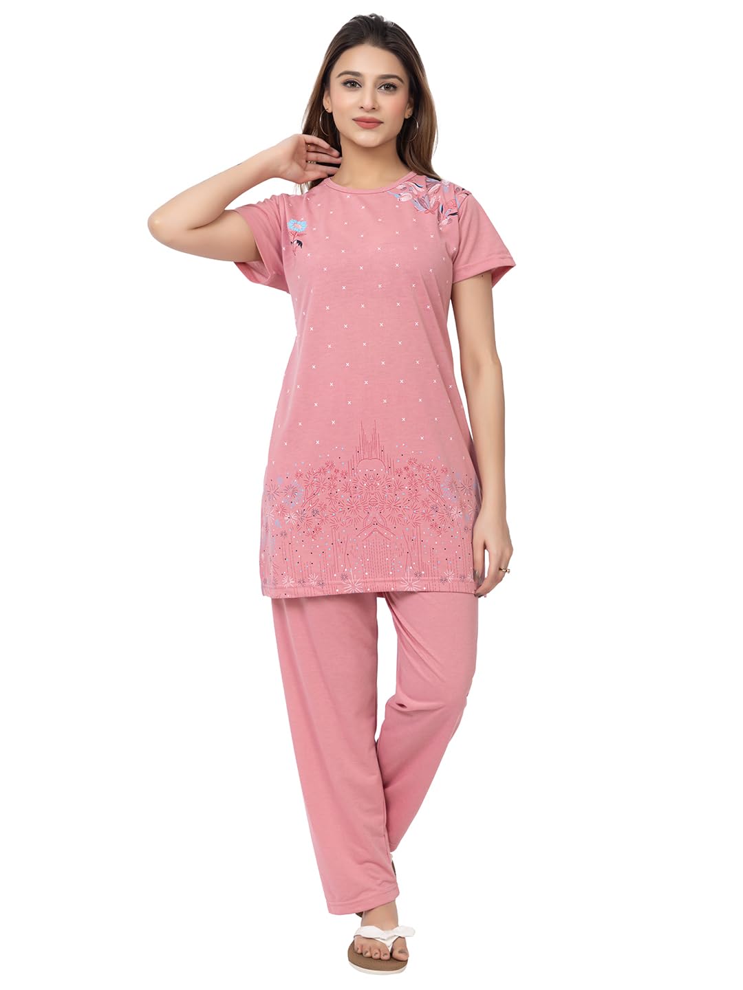 Summer Wear Night Wear Round Neck Polycotton Spun Printed Half Sleeve Night Suit for Women's