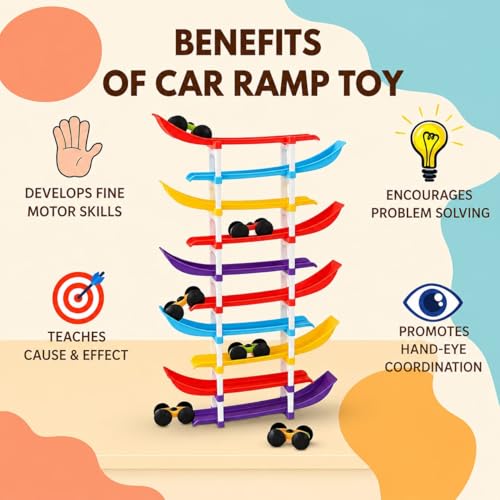 Image of 10-Level Car Ramp Racer Toy with 6 Cars - Rolling Track Toy for Kids Ages 2-7 | Birthday Gift for Boys & Girls | Educational & Fun Car Toy Set | Colorful Racing Action (10-Ramps & 6-Cars)