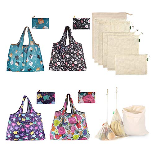 Leccod 4PC Premium Reusable Produce Grocery Shopping Bags and 6PC Natural Organic Cotton Washable Eco-Friendly Mesh Food Bags for Grocery Shopping (10Pack)