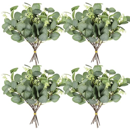 Homcomodar Künstliche Pflanzen Eukalyptus Deko 24Pc Simulation Grüner Eucalyptus Hinterlässt Zweige Silberdollar Eukalyptus Pflanze Bulk für Hochzeit, Garten, Haus, Büro, Indoor Outdoor Dekoration