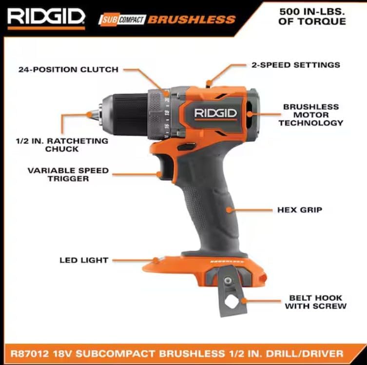 Diagram of RIDGID R87012 drill/driver highlighting features like 24-position clutch, 2-speed settings, 1/2 inch ratcheting chuck, variable speed trigger, hex grip, LED light, and belt hook.