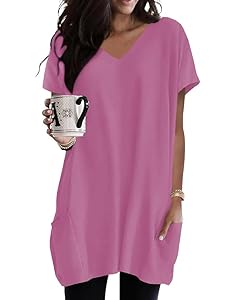 Poetsky Summer Womens Tunic Tops for Leggings with Pockets Vneck Short Sleeve Casual Long T Shirts S-3XL