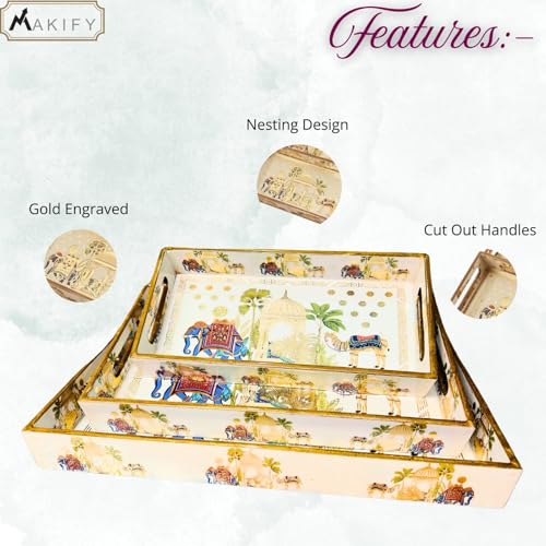 Image of Wooden Serving Tray with Gold Engraving | Set of 3 | Size: 16x10 Inch, 14x08 Inch, 12x06 Inch | Enamel Coated Waterproof | Tray for Decoration | Premium| Royal Camel and Elephant.