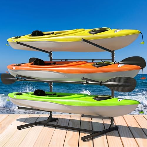 Faesun 3-Tier Kayak Rack Freestanding Kayak Storage Rack with Paddle Hook Adjustable Heavy Duty Kayak Stand with Ground Pegs Storage Rack for Kayak Canoe Surfboard & Paddleboard