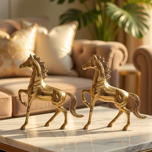 Image of BEHOMA Aluminium Horse Figurine Showpiece Pack of 5 with Gift Box | Premium Gold Decorative Horse Statue for Living Room, Office Desk, Shelf & Tabletop | Modern Home Decor Accent