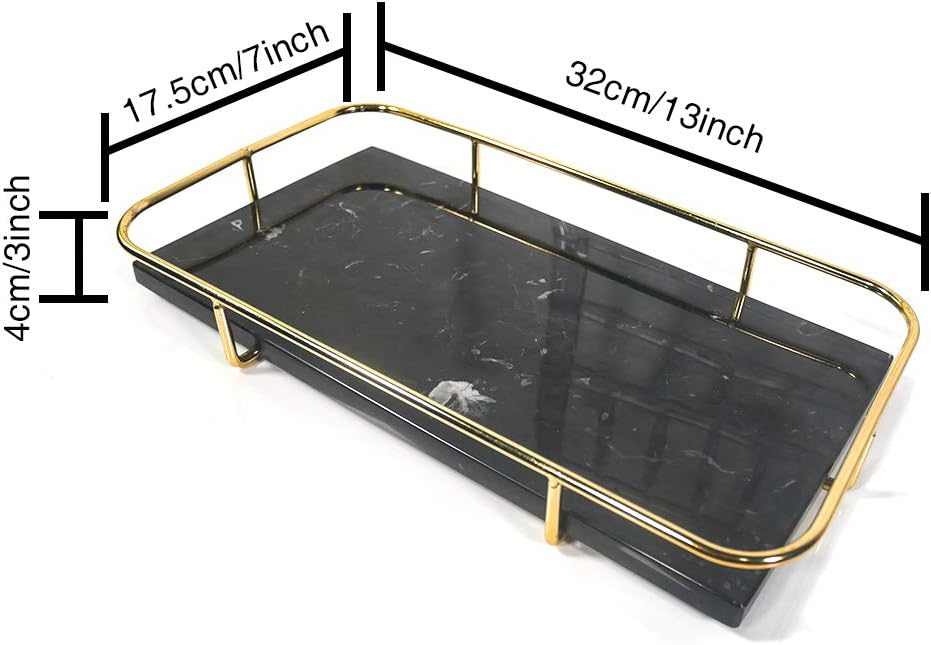 PuTwo Decorative Tray Black Marble Tray with Polished Gold Metal Handles Jewelry Tray Handmade Catchall Vanity Tray for Dresser Bathroom Vanity Table Bar Ideal Gift for Birthday Christmas - Black : Home & Kitchen