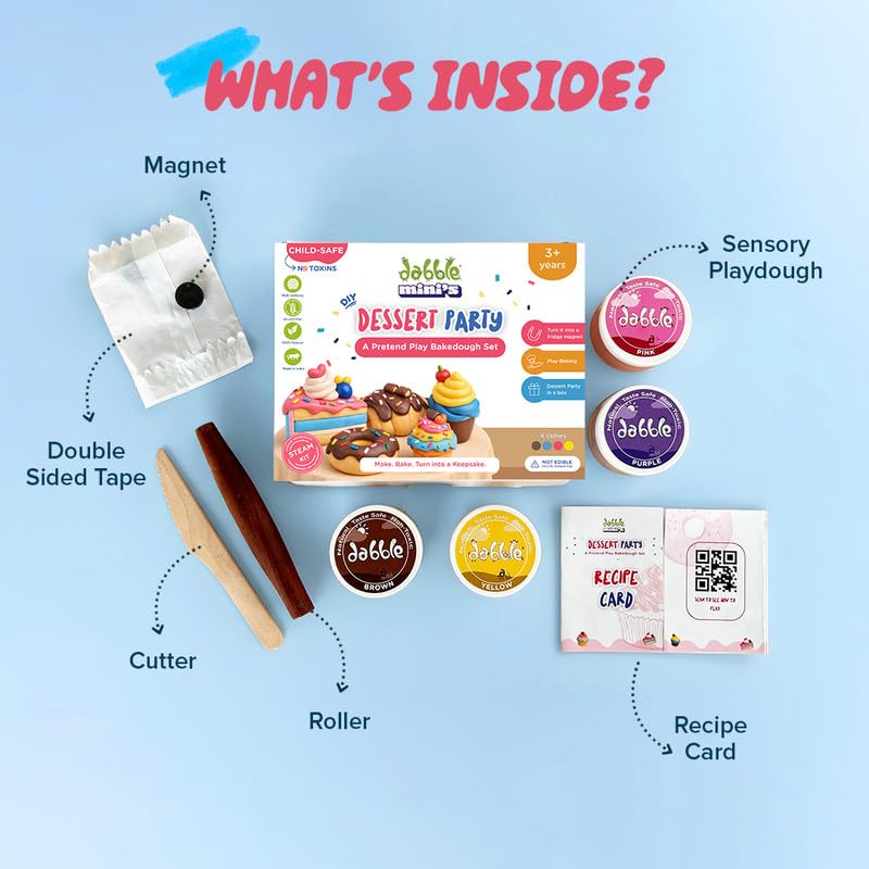 Image of dabble mini's Dessert Party - Pretend Playdough Set | Non-Toxic | Taste-Safe | Gluten-Free Bakedough | 100% Natural | Art & Craft Kit | DIY Fridge Magnet | Return Gift for Boys & Girls 3+ Years