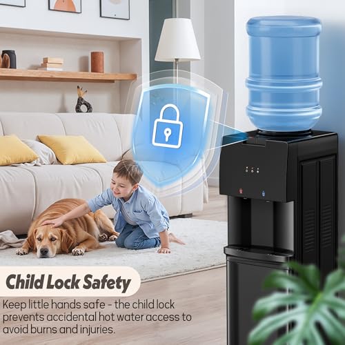 Image of Manastin Water Dispenser with Hot & Cold Water, Top Loading Water Cooler for 3 or 5 Gallon Bottles with Child Safety Lock, Ideal for Kitchens, Offices,Matte Black