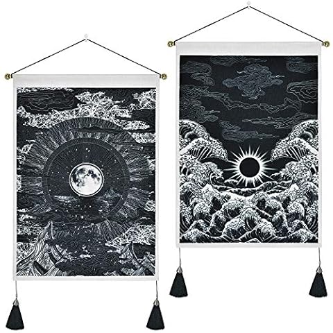 2 Pack Moon and Star Tapestry Great Ocean Wave Tapestry Sunset Tapestry Mountain Tapestry Black and White Art Tapestry Wall Hanging for Room(13.8 x 19.7 inches) Cover