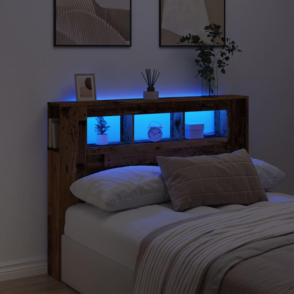 Gecheer Testiera LED per Letto, con Luci RGB Regolabili, 140 x 18,5 x 103,5 cm, in Truciolato con Finitura Legno Antico, Supporto Schiena e Piano Portaoggetti, for Camera da Letto