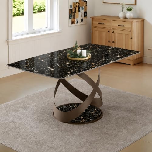 Image of Wakefit Mochi Dining Table - Portoro Black - 6 Seater I Marble Finish I Vitrified Tile Top I Portoro Black
