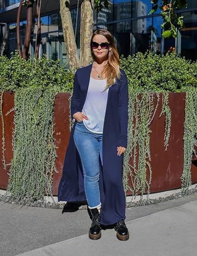Image of Isaac Liev Women's Maxi Cardigan - Casual Long Flowy Open Front Floor Length Drape Lightweight Duster Sweater Made in USA Navy