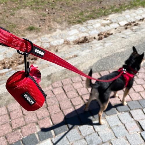 Image of Best Pet Supplies Dog Poop Bag Holder Leash Attachment with Reusable Dispenser for Travel, Walking, Park, and Outdoor Use, Durable with Clip-On - Red, Mesh Dispenser w /15 Bags