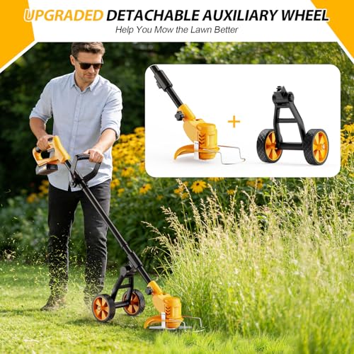Image of Electric Weed Wacker Cordless, Electric String Trimmer with 3 Types Blades & Removable Auxiliary Wheels, Brush Cutter & Grass Trimmer & Lawn Edger with for Garden Yard (YellowB)