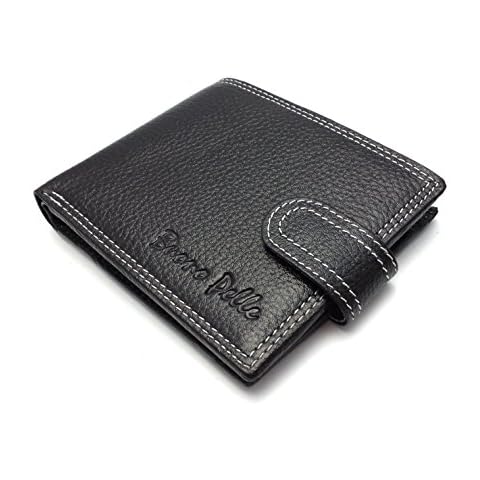 Mens RFID Blocking Designer Quality Real Leather Wallet Credit Card Holder Purse (Black - White Stitching) Cover