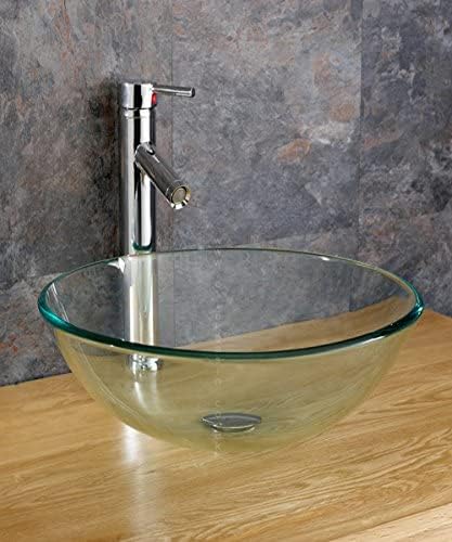 Clickbasin Clear Glass Countertop Round Bathroom | 35cm Dia Washbasin Bowl | Stylish Bathroom or Cloakroom Sink which Compliments Most Colour schemes