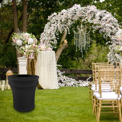 Image of BSTKEY 32 Gallon Stretch Spandex Trash Can Cover, 4 Pack Outdoor Fitted Waste Container Cover Round Garbage Can Covers for Wedding Party Fundraiser Decor, Without Trash Can (Black)