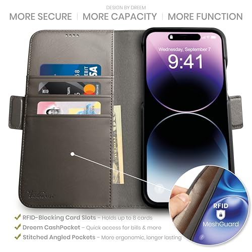 Image of dreem Fibonacci Wallet Case for iPhone 14 & iPhone 16e Case Wallet | 3-in-1 Magnetic Detachable Vegan Leather Cover with Built-in Kick-Stand, RFID Blocking Card Holder, MagSafe Compatible [Grey]