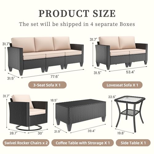Image of UDPATIO Patio Furniture Set, 6 Pieces Outdoor Furniture Sets with Rocking Swivel Chairs, Wicker Rattan Outdoor Conversation Set with Storage Table and Waterproof Covers for Backyard, Deck, Porch, Khak