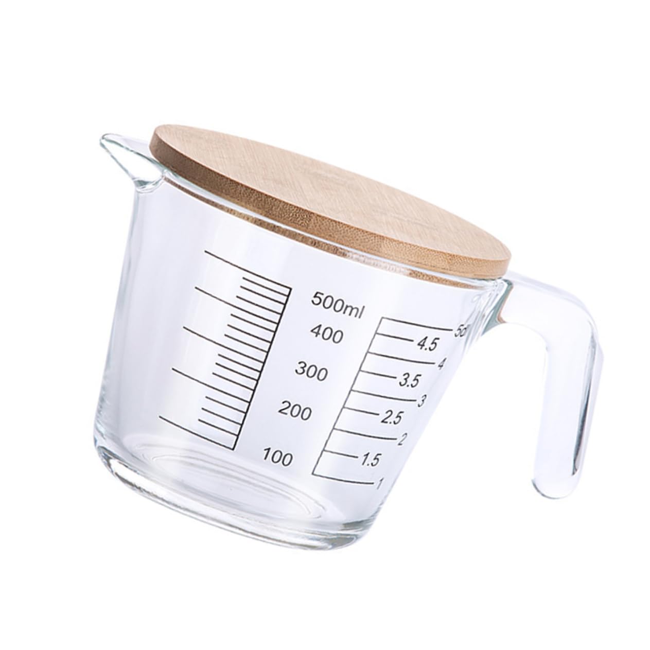 Hemobllo Pichet Doseur Pratique en Verre Résistant la Chaleur avec Échelle Graduée et Couvercle en Bois, Tasse à Mesurer pour Jus et Crème Cuisine