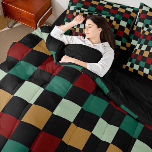 Image of Checkered Retro Comforter Set With Sheets 7 Piece Twin Size Green Red Yellow Plaid Bedding Set for Kids Boys Girls Geometric Vintage Bed in a Bag Modern Simple Groovy Aesthetic Room Decor Soft
