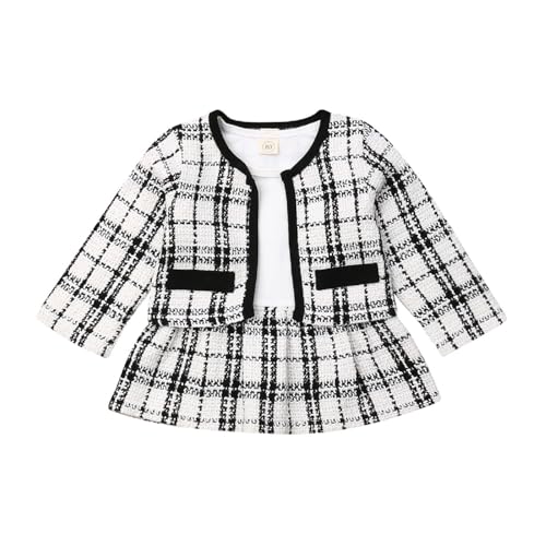 2Pcs Infant Baby Girl Plaid Cardigan + Long Sleeve Shirt Dress Patchwork A-line Skirt Sets