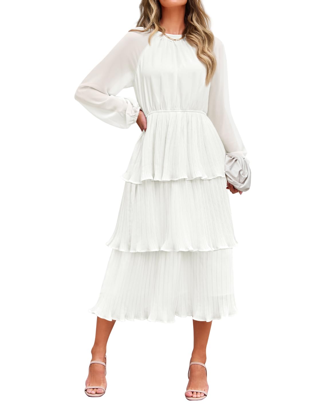 Photo 1 of ZESICA Women's Long Sleeve Crew Neck Ruffle Tiered Midi Dress XL 