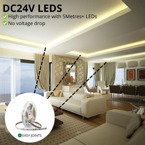 Image of NUOVA GERMANY Professional White LED Strip Light 24V DC 16.4ft Rope Light SMD2835 Dimmable, Super Bright 18W /M, 90W, 6300lm IP20 Tape Light, 16ft 4000K Neutral White (Power Supply not Included)