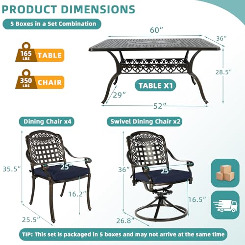 Image of MEETWARM 7-Piece Outdoor Patio Dining Set, All-Weather Cast Aluminum Patio Conversation Set with 4 Stationary, 2 Swivel Rocker Chairs, 1 Rectangular Table, 6 Cushions, 2 inch Umbrella Hole, Navy Blue