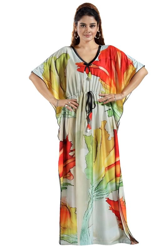 Image of Women's- Kaftan /Nighty /Maxi /Gown /Nightdress /Nightwear Serena Fabric- V-Neck Floral Print