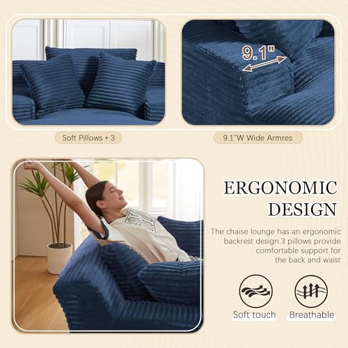 Image of 80 Inch Chaise Lounge Chair Indoor, Oversized Corduroy Upholstered Boneless Sofa Bed, Deep Seat Sleeper Couch Reading Chairs, Cloud Sofas Couches for Living Room, No Assembly Required (Blue)