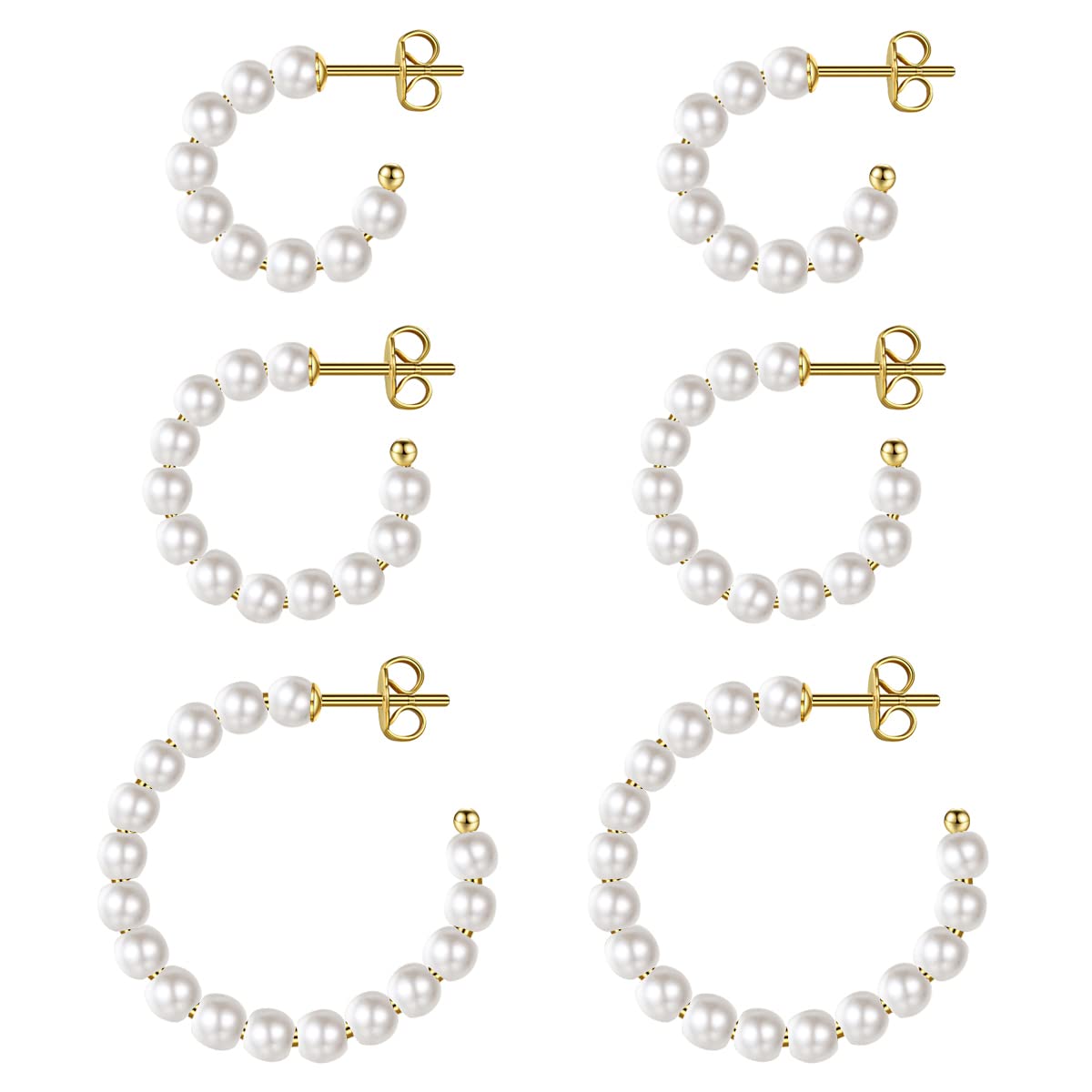 MUYAN 3 Pairs Pearl Hoop Earrings for Women,Gold Plated Pearl Earrings Lightweight Hoops White Pearl Jewelry