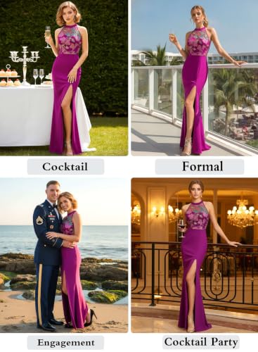 Image of VFSHOW Womens Formal Sexy Halter High Slit Prom Wedding Guest Maxi Dress 2023 Illusion Sweetheart Neckline Evening Long Gown