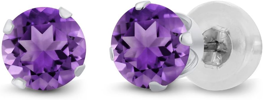 Gem Stone King 10K White Gold Amethyst Stud Earrings For Women Men | 1.00 Cttw | Gemstone Birthstone | Round 5MM | Fine Jewelry Gifts for Her Mom Women Wife