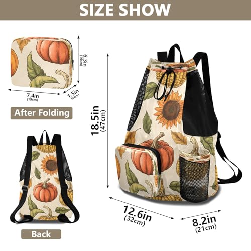 Mesh Gym Swimming Bags for Men & Women, Harvest Pumpkin Corns Sunflower Large Drawstring Backpack with Dry-Wet Pocket, Lightweight Gym Bag for Sports, Travel, Beach, Workout Gear2
